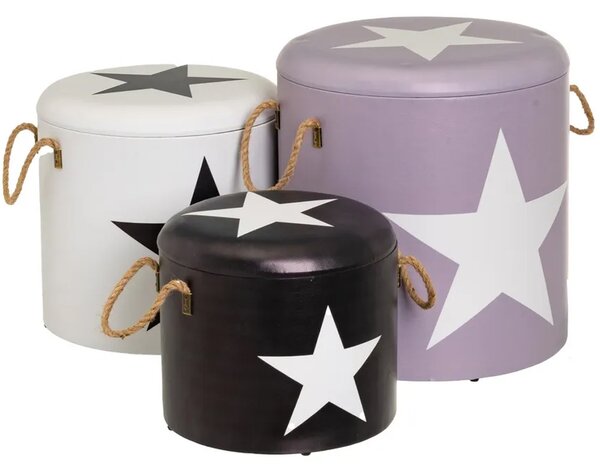 Set 3 Pouf Bauli Contenitori Star Poggiapiedi Capiente con Coperchio Rimovibile in Similpelle Nero Grigio Bianco