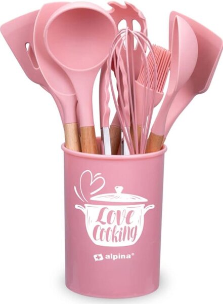 Set 12 Utensili da Cucina con Supporto in Silicone e Manico Legno Rosa