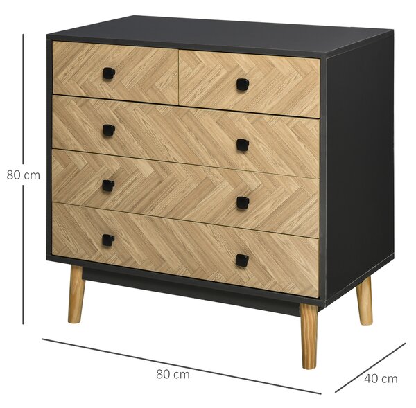 HOMCOM Cassettiera in Legno Moderno con 5 Cassetti, Cassettiera per Camera da letto con Gambe Rialzate in Pino, Grigio Scuro, 80x40x80cm|Aosom