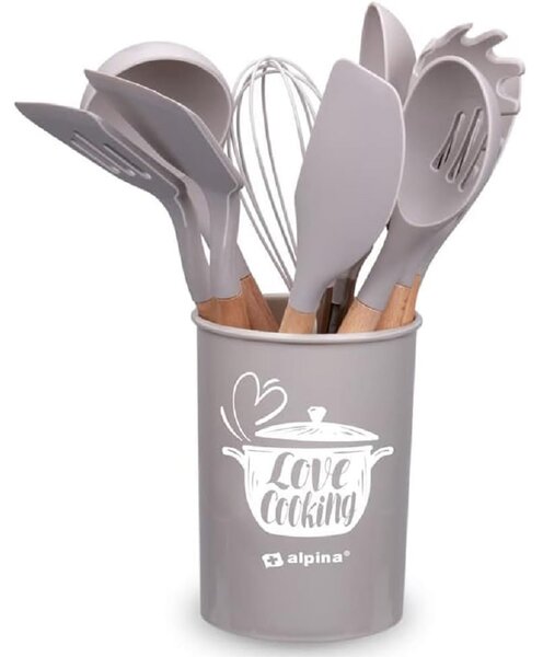 Set 12 Utensili da Cucina con Supporto in Silicone e Manico Legno Tortora