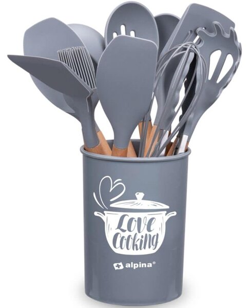 Set 12 Utensili da Cucina con Supporto in Silicone e Manico Legno Grigio