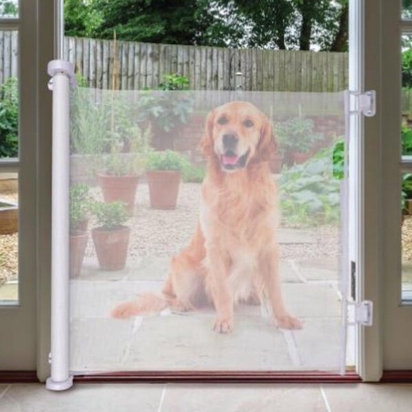 Cancello per Animali Estensibile 11x160x86cm Cancelletto a Pulsante in Tessuto a Rete Flessibile Bianco