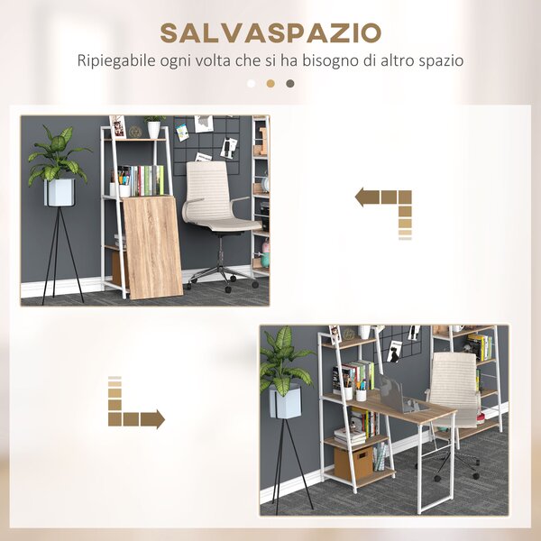 HOMCOM Scrivania con Libreria, 3 Ripiani, Scrivania Pieghevole con Ampio Pianoin Legno, Telaio in Metallo, Bianco e Rovere, 106x48x128cm|Aosom