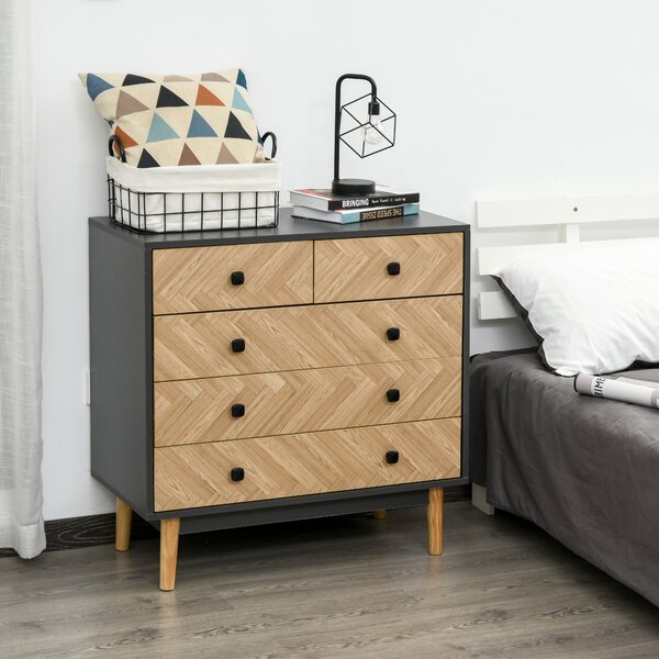 HOMCOM Cassettiera in Legno Moderno con 5 Cassetti, Cassettiera per Camera da letto con Gambe Rialzate in Pino, Grigio Scuro, 80x40x80cm|Aosom