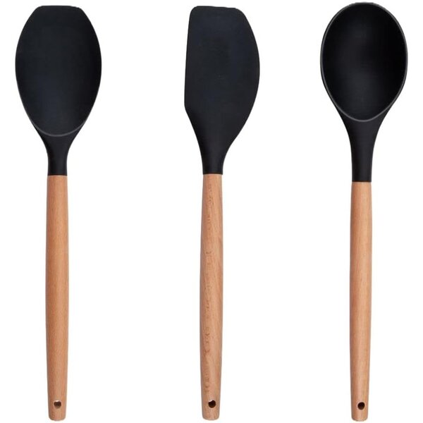 Set 12 Utensili da Cucina con Supporto in Silicone e Manico Legno Nero