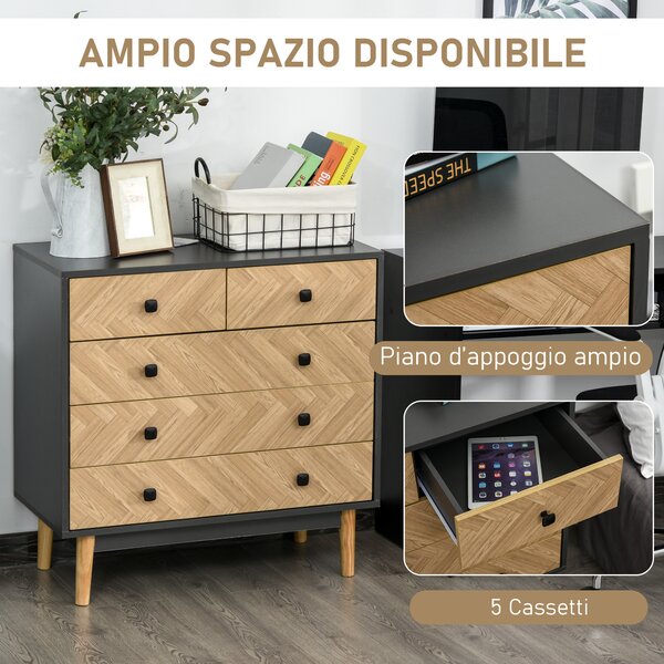 HOMCOM Cassettiera in Legno Moderno con 5 Cassetti, Cassettiera per Camera da letto con Gambe Rialzate in Pino, Grigio Scuro, 80x40x80cm|Aosom