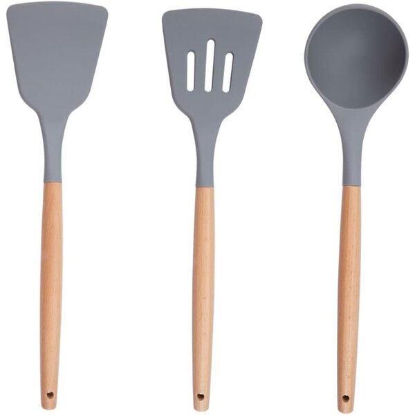 Set 12 Utensili da Cucina con Supporto in Silicone e Manico Legno Grigio