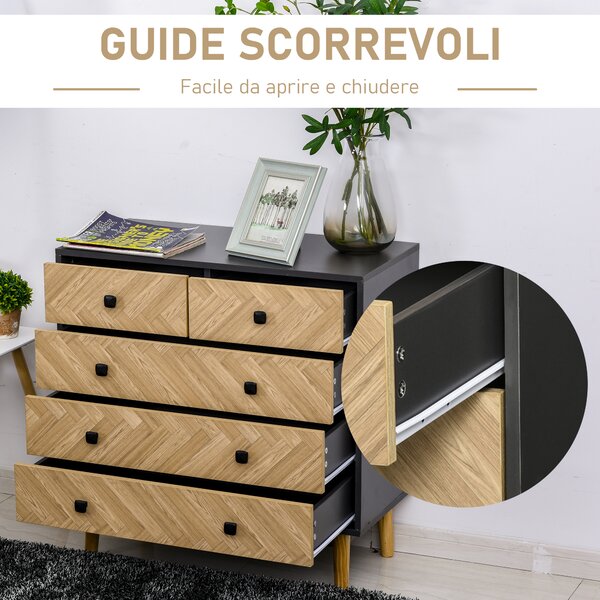 HOMCOM Cassettiera in Legno Moderno con 5 Cassetti, Cassettiera per Camera da letto con Gambe Rialzate in Pino, Grigio Scuro, 80x40x80cm|Aosom
