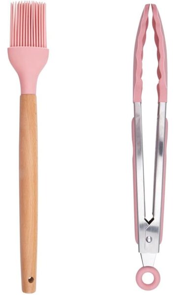 Set 12 Utensili da Cucina con Supporto in Silicone e Manico Legno Rosa