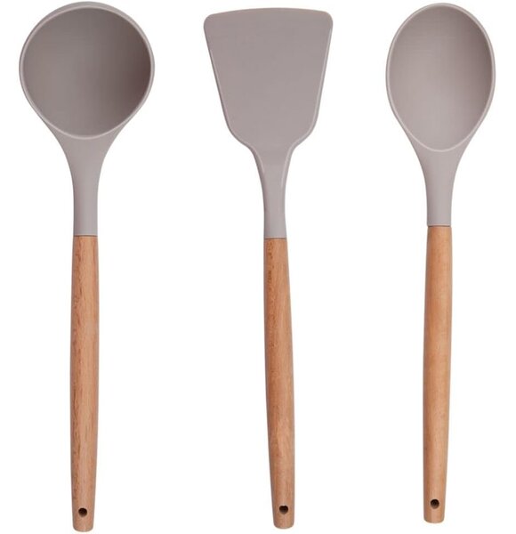 Set 12 Utensili da Cucina con Supporto in Silicone e Manico Legno Tortora