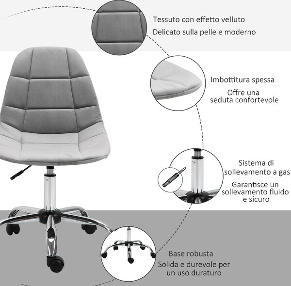 Vinsetto Sedia da Ufficio con Rotelle Girevole Ergonomica, Altezza Regolabile, Senza Braccioli, in Tessuto Effetto Velluto, Grigio | Aosom
