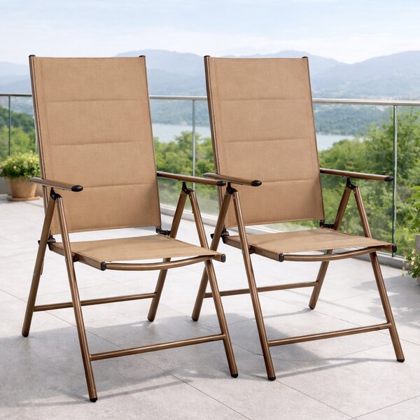 Set 2 Sedie Sdraio Pieghevoli e Salvaspazio con Schienale Alto Ergonomico in Tessuto Tecnico Beige