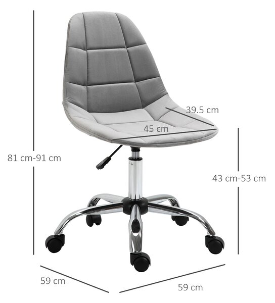 Vinsetto Sedia da Ufficio con Rotelle Girevole Ergonomica, Altezza Regolabile, Senza Braccioli, in Tessuto Effetto Velluto, Grigio | Aosom
