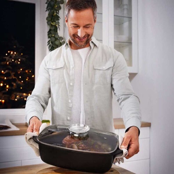 Rostiera Royalty Line Teglia Forno da Arrosto Rettangolare 34 cm Pirofila con Coperchio Vetro Nero