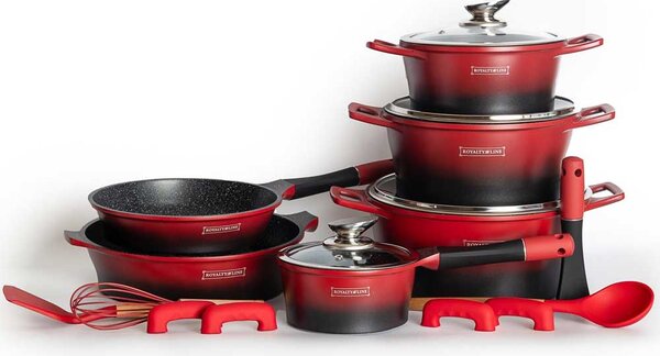 Batteria Pentole e Padelle 14 Pezzi Royalty Line Antiaderente in Pietra Professionale Nero e Rosso