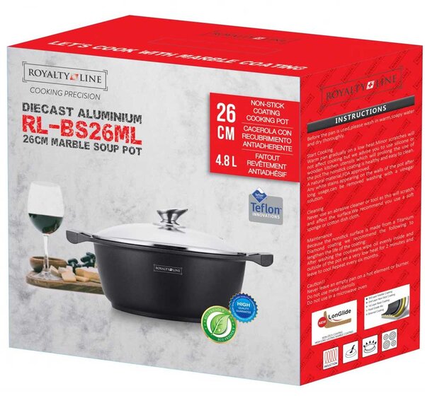 Casseruola Pentola Royalty Line con Rivestimento Antiaderente Effetto Marmo 26 cm Nero
