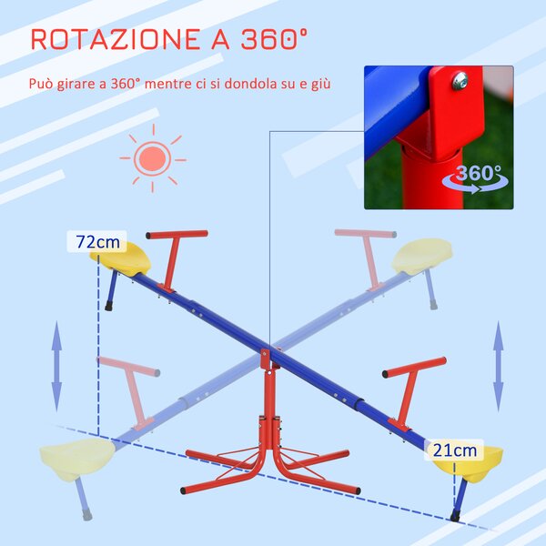 Outsunny Altalena per Bambini Doppia a Bilico Girevole a 360° in Metallo e PP, Età 3-8 Anni, 182x77x43cm Multicolore|Aosom
