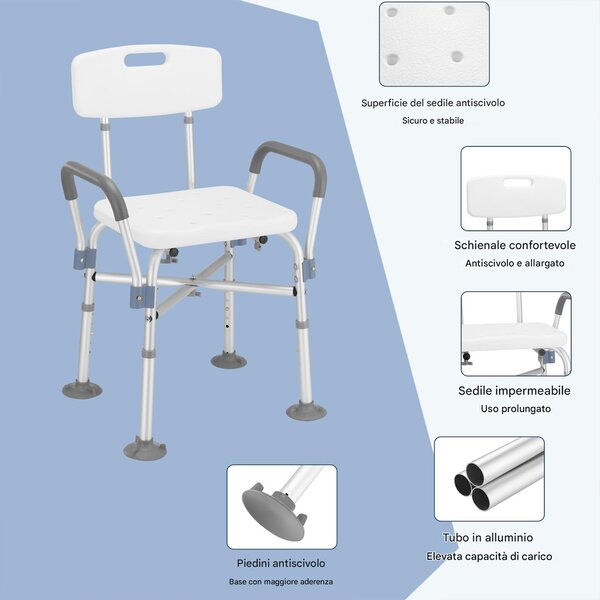 Sedia Sgabello da Bagno Doccia Altezza Regolabile Maniglie Sicurezza in Alluminio e HDPE Bianco