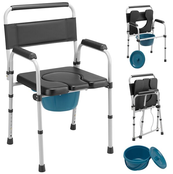 Sedia Wc Secchio e Coperchio Anziani Altezza Regolabile in Metallo ed Ecopelle Nero