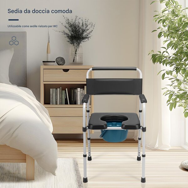 Sedia Wc Secchio e Coperchio Anziani Altezza Regolabile in Metallo ed Ecopelle Nero