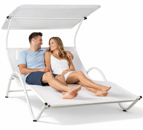 Lettino Lounge 2 Posti da Esterno 200x145x135 cm Tetto Parasole Anti UV Telaio Tubolare Bianco
