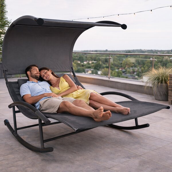 Dondolo Lounge Letto Matrimoniale da Giardino Basculante con Tettoia in Acciaio e Textilene Grigio