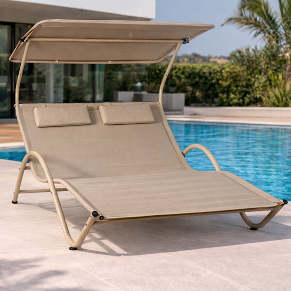 Lettino Lounge 2 Posti da Esterno 200x145x135 cm Tetto Parasole Anti UV Telaio Tubolare Sabbia