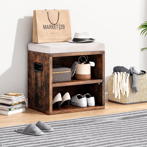 Panca Scarpiera da ingresso Industrial 44x30x40 cm con Cuscino Imbottito e Mensola Marrone Beige