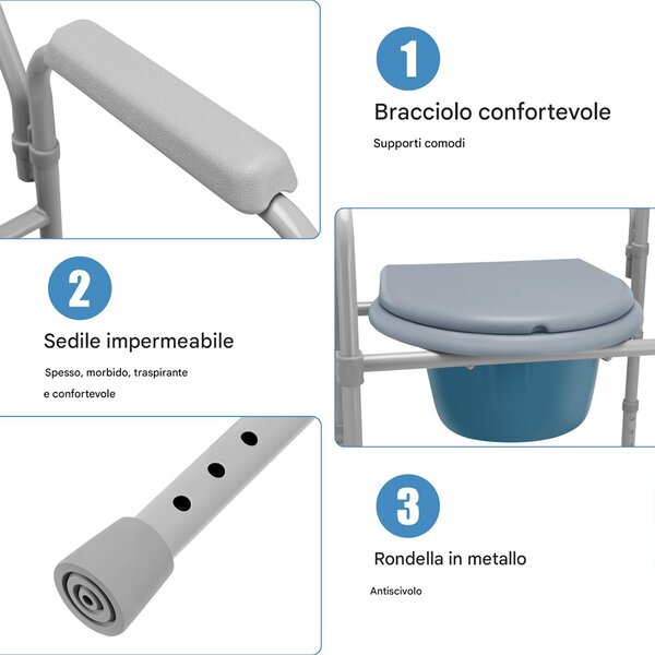 Sedia Toilette WC Leggera Vaso Removibile per Anziani a Mobilità Ridotta in Metallo Grigio Blu