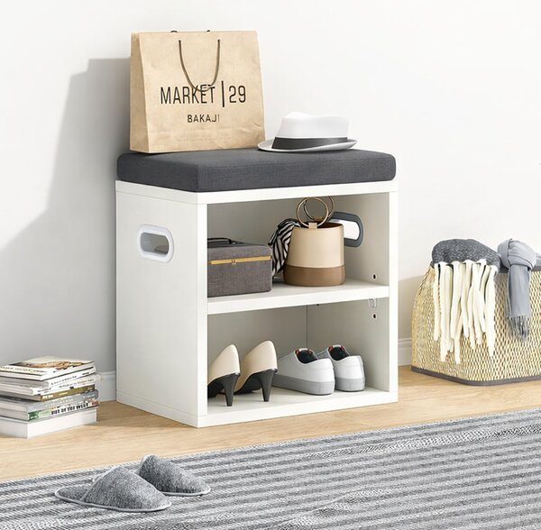 Panca Scarpiera da ingresso Industrial 44x30x40 cm con Cuscino Imbottito e Mensola Bianco Grigio