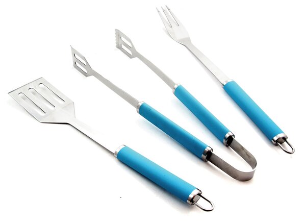 Set 3 Utensili Accessori per Barbecue in Metallo e TPR Azzurro