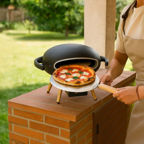 Forno a Gas Easy Pizza Piatto Girevole Ø30 cm in Pietra Refrattaria e Struttura in Acciaio Nero