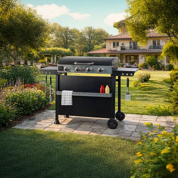 Piastra di Cottura Plancha a Gas 140x54,5x96 cm Potenza 10 kW con Coperchio in Acciaio Nero