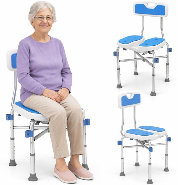 Sedia Sgabello da Doccia WC Altezza Regolabile 83-93 cm per Anziani in Alluminio Azzurro