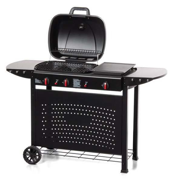 Barbecue a Gas Cheffo a 3 Fuochi Accensione Piezoelettrica 130,5x50,5x93 cm Potenza 8,5 kW in Acciaio Nero