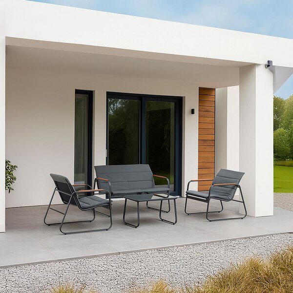 Set Salotto da Giardino 4 Pezzi Bali Divano Poltrone e Tavolino in Acciaio Textilene e Imbottitura in Policotone Grigio