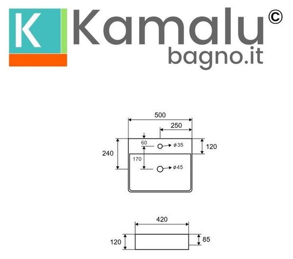 Kamalu lavabo appoggio rettangolare in ceramica bianca opaca | litos-cbm500