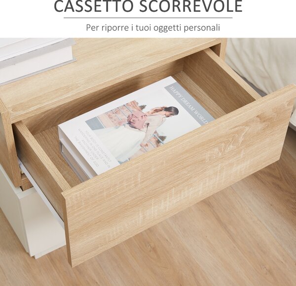 HOMCOM Comodino 2 Cassetti Scorrevoli Design Impilabile in Legno, Tavolino da Caffe, Comodino Legno, 50x40x47.5cm, Bianco e Legno | Aosom Italy