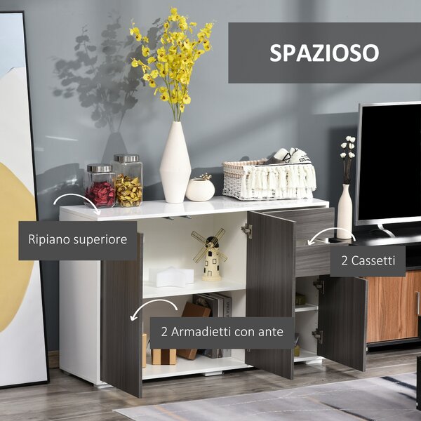 HOMCOM Mobiletto Armadietto Multiuso con 2 Cassetti, Credenza con 2 Armadietti con Apertura a Pressione per Cucina e Ufficio, Grigio|Aosom Italy