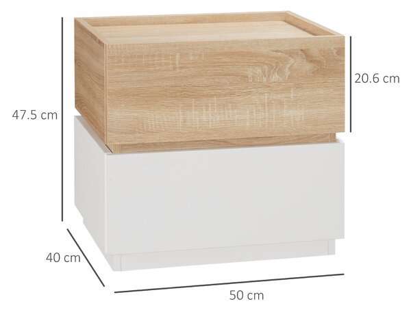 HOMCOM Comodino 2 Cassetti Scorrevoli Design Impilabile in Legno, Tavolino da Caffe, Comodino Legno, 50x40x47.5cm, Bianco e Legno | Aosom Italy