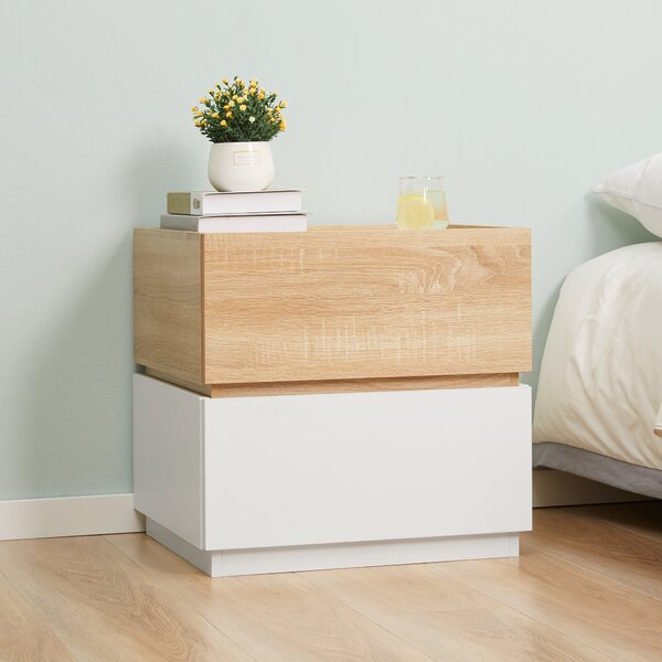 HOMCOM Comodino 2 Cassetti Scorrevoli Design Impilabile in Legno, Tavolino da Caffe, Comodino Legno, 50x40x47.5cm, Bianco e Legno | Aosom Italy