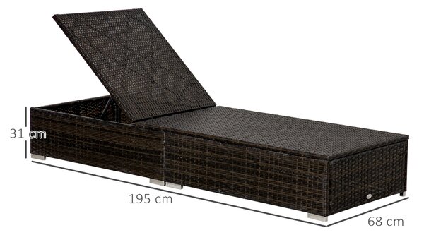 Outsunny Lettino Prendisole in Rattan PE con Schienale Reclinabile su 5 Posizioni, 195x68x30cm, Marrone|Aosom