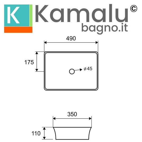Kamalu lavabo appoggio rettangolare 49 cm con bordi arrotondati | klit-4900