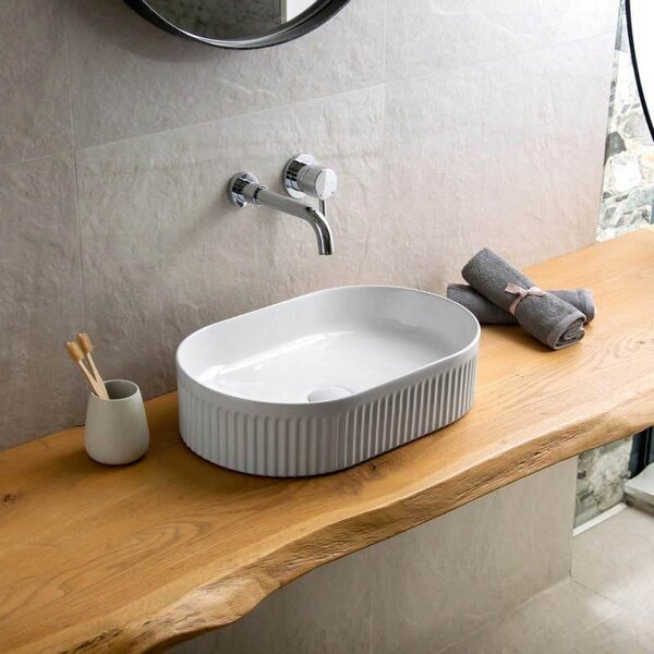 Kamalu lavabo bagno appoggio ovale 50 cm scanalato a righe | kls-5000