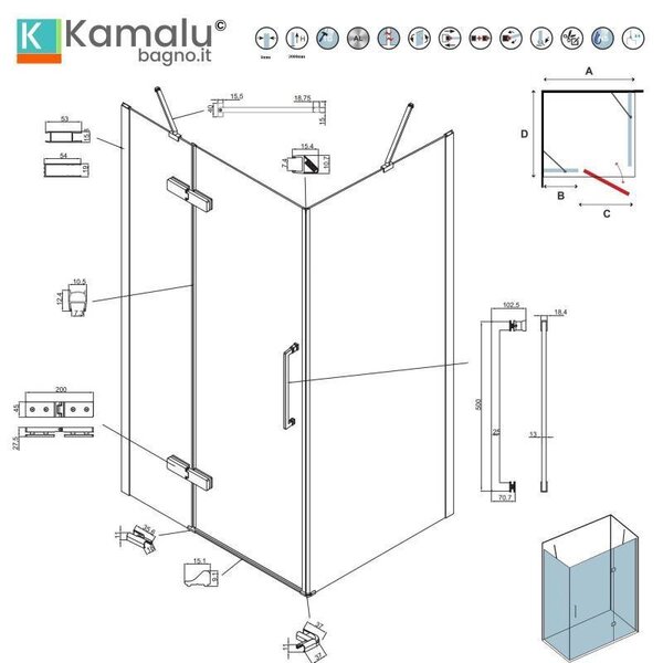 Kamalu box doccia 80x70 bianco battente 70cm laterale fisso 80cm | kt5000b