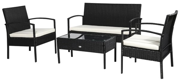 Set Salotto da Giardino in Rattan Sintetico Tavolino 2 Poltrone e Divano con Cuscini Nero