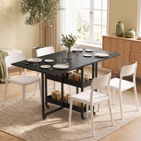 Tavolo Pieghevole 80-133x80x75 cm con Ruote Ribalte Laterali e Vani Aperti in Truciolato e Metallo Nero