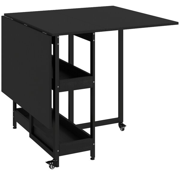 Tavolo Pieghevole 80-133x80x75 cm con Ruote Ribalte Laterali e Vani Aperti in Truciolato e Metallo Nero