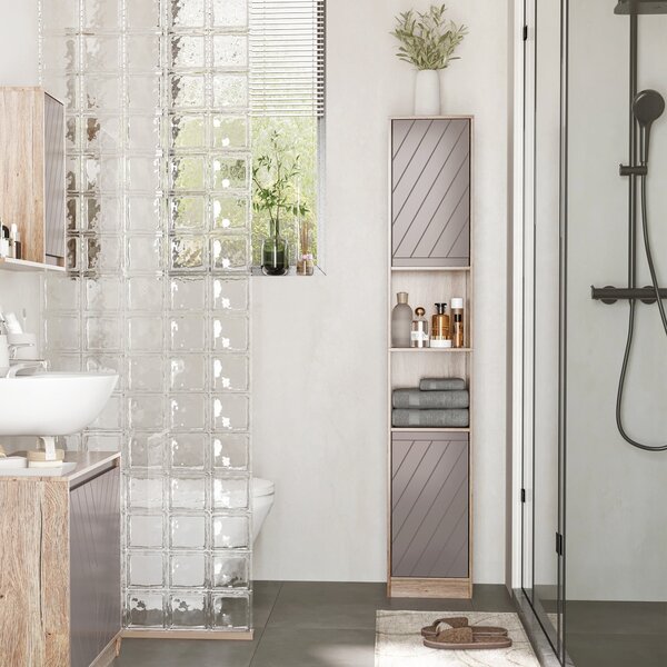 Mobile a Colonna per Bagno in Legno 30x24x170 cm Grigio e Rovere