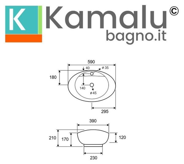 Kamalu lavabo da appoggio ovale design a bacinella in ceramica bianca | litos-359
